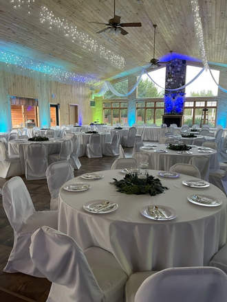 Wedding lighting at the Northern Pines Golf Center in a two tone blue and mint green by Duluth Event Lighting.