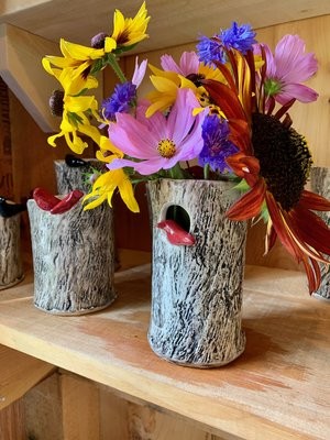 Mixed Wild Flowers With Wood Bark Design Vase