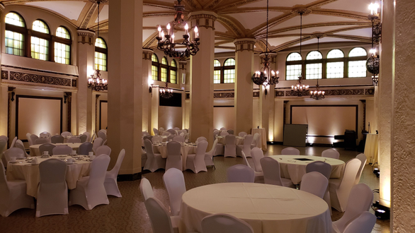 Wedding lighting at the Moorish Room. Up lighting in soft gold and soft white.