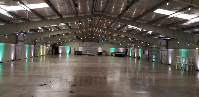 Wedding lighting in mint green and soft white at the Lake County Fairgrounds.