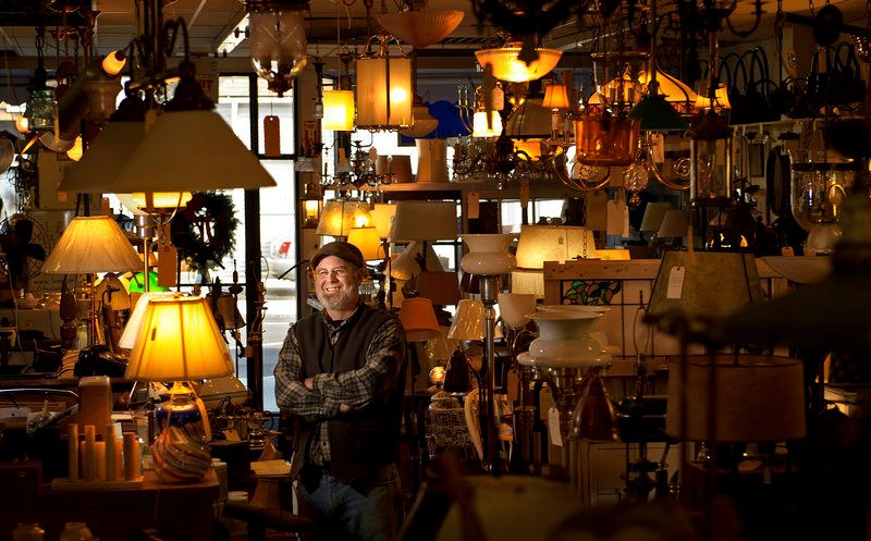 A veiw inside The Lamp Repair Shop's studio filled with one of a kind lamps.