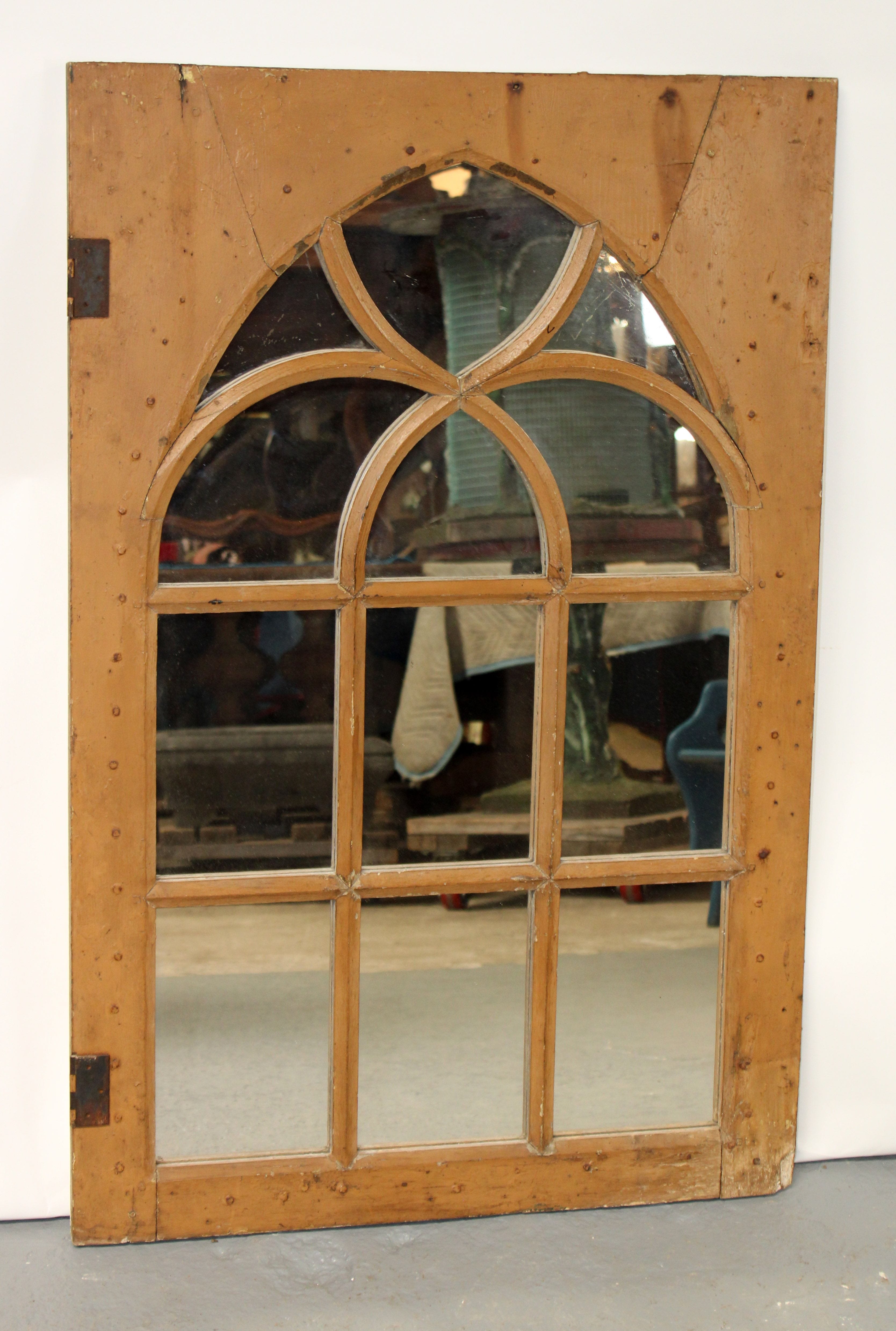 Antique French painted oak paned glass mirror