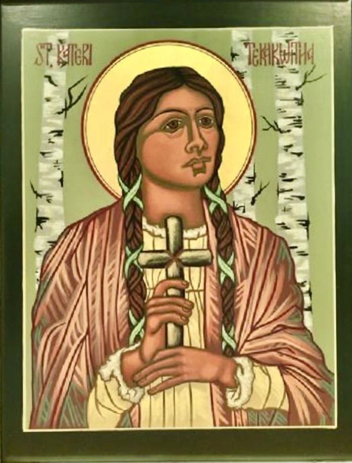 St. Kateri Tekawitha, from a Mohawk village, she is the 1st Native American Saint. Patroness of environment and ecology. Feast day July 14.