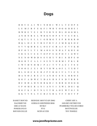 A word search puzzle featuring different breeds of dogs Jennifer Priester has photographed.