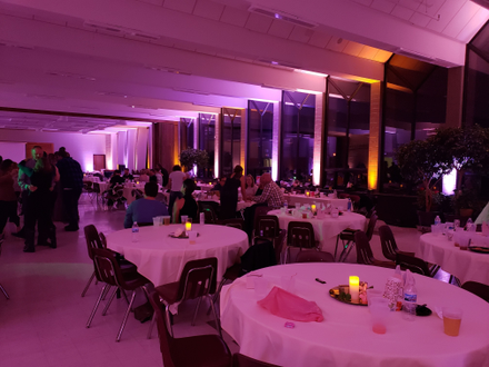Marshall School cafeteria. Wedding lighting in lavender, peach and amber.