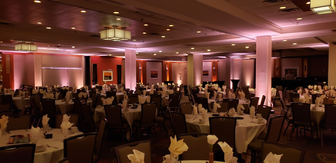 Holiday Inn, Duluth
Great Lakes Ballroom with rose gold and pink wedding lighting.