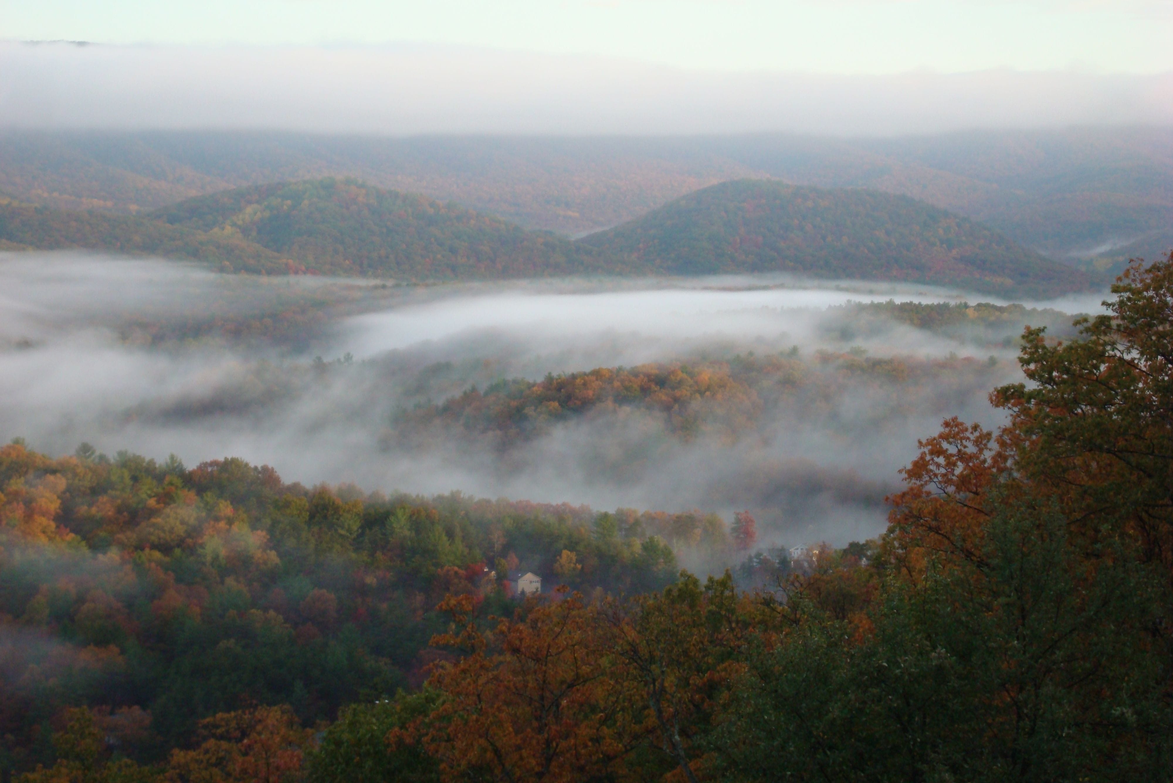 View to the West in Autumn with early morning fog.  12.65 acres for sale in Shenandoah Valley, VA, Basye, Bryce Resort.