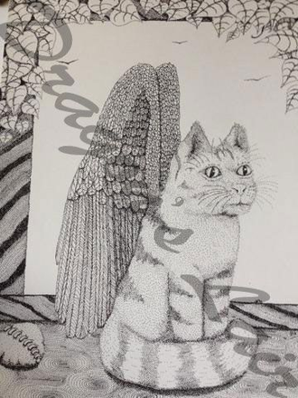 Pen and ink of Tessrin (winged cat) 8 1/2x11.$15.