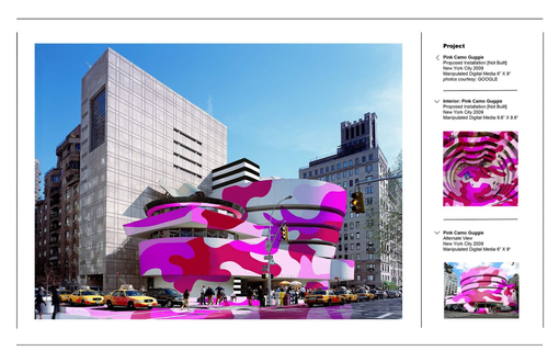 Guggenheim Museum, NYC proposed exterior/interior pink camoflage covering
museum image courtesy
GOOGLE, design and Photoshop dipiction
©studiojameslong