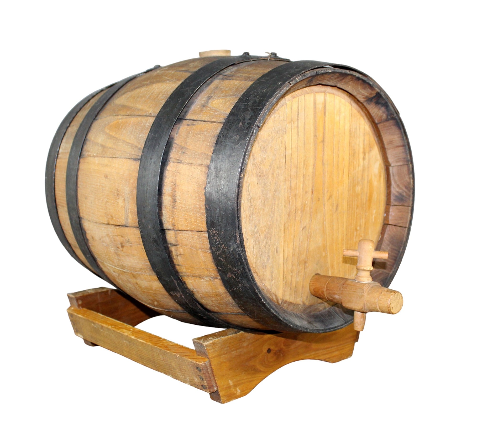 French oak and iron banded wine barrel on stand