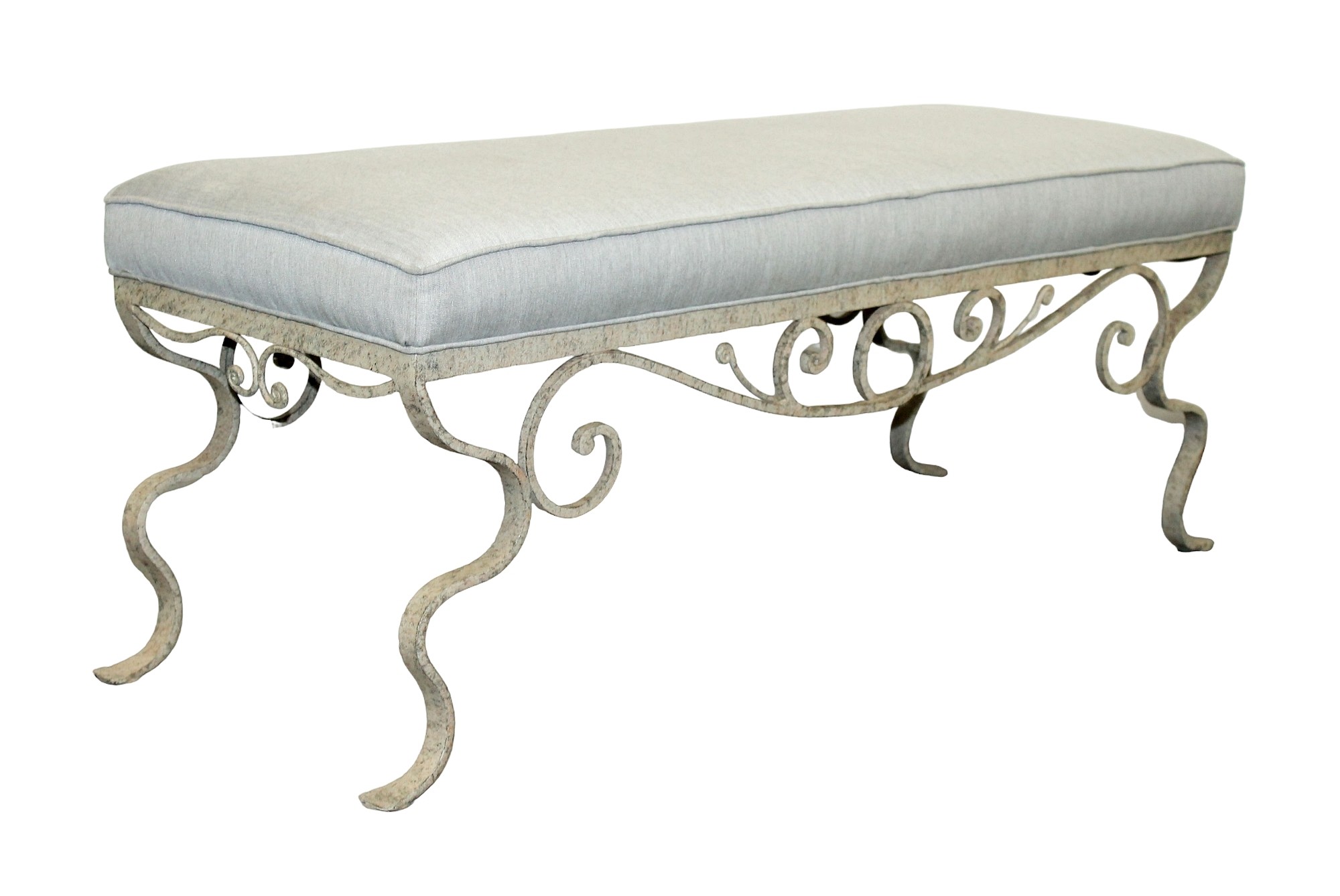 Scrolled Iron bench with linen upholstery