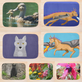 Bath mats featuring art and photography by Jennifer Priester.