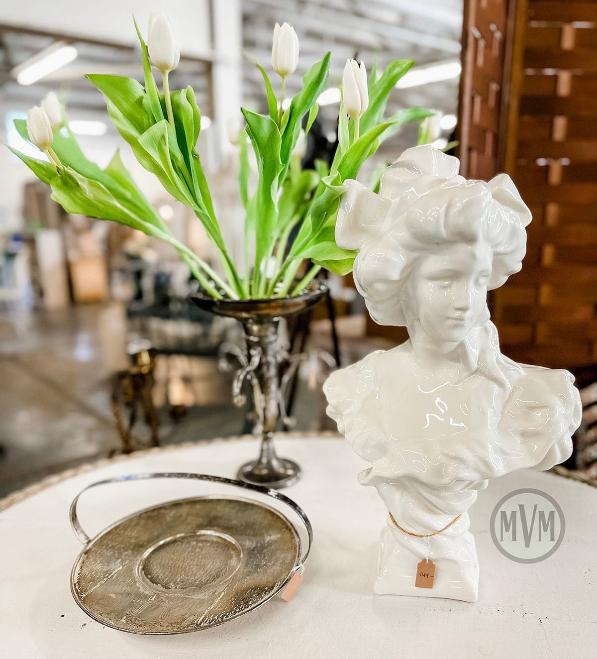 Beautiful antique ceramic bust paired with antique silver... modern styling with vintage items. Where modern meets vintage flea market style!