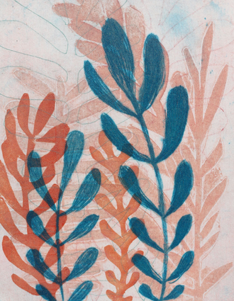 Botanical monoprint using stencil and polyester litho techniques grey, russet and blue