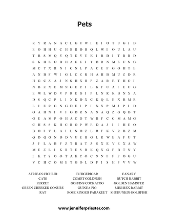 A word search puzzle featuring different types of pets Jennifer Priester has photographed.