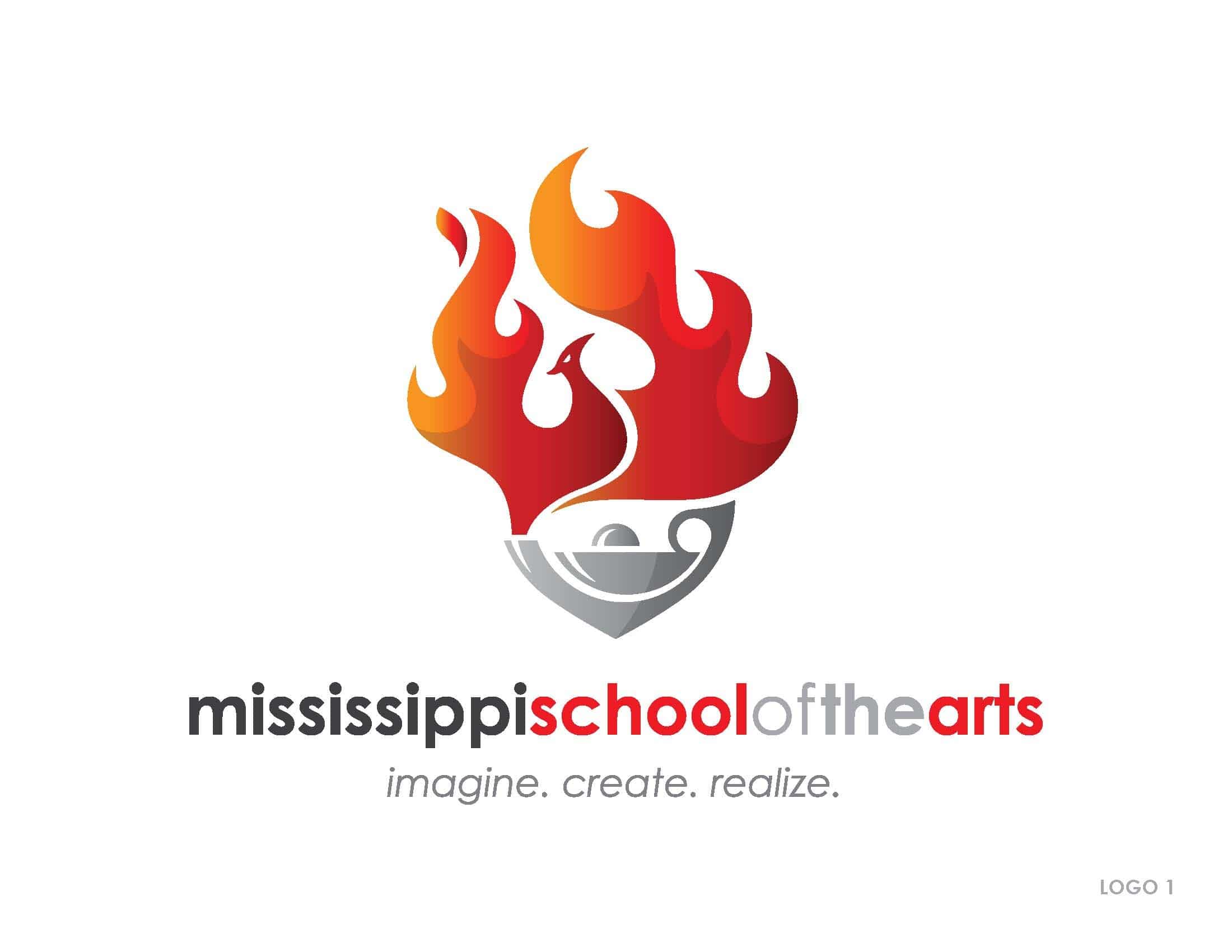 Mississippi School of the Arts white square logo with a picture of an aladin's lamp with fire coing out