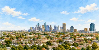 Watercolor painting of the Houston downtown skyline viewed from above a neighborhood of low buildings and trees under a cloudy blue sky.
