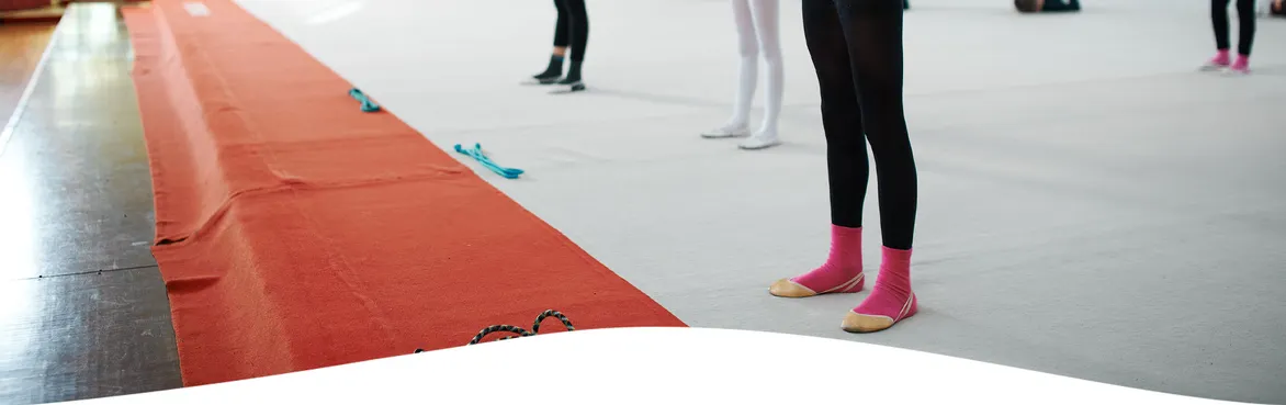 Gymnasts in pink socks and black leggings stand on a mat with a red.