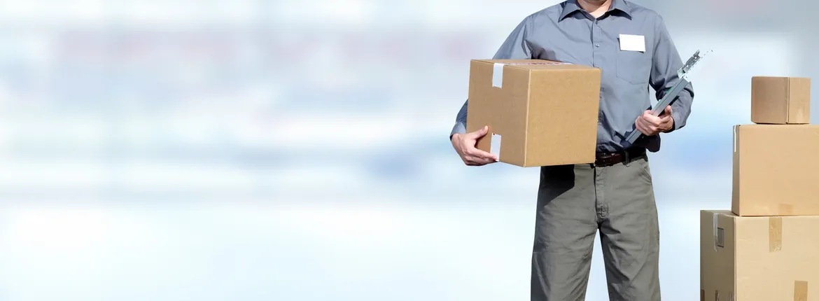 Man in uniform carrying boxes, Freight Delivery Mimi Me Transport, LLC, Elgin, IL