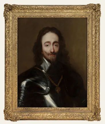 Anglo-Flemish oil portrait of King Charles I in armour, probably c.1670–1720, after Sir Anthony van Dyck. Charles is shown in polished steel armour