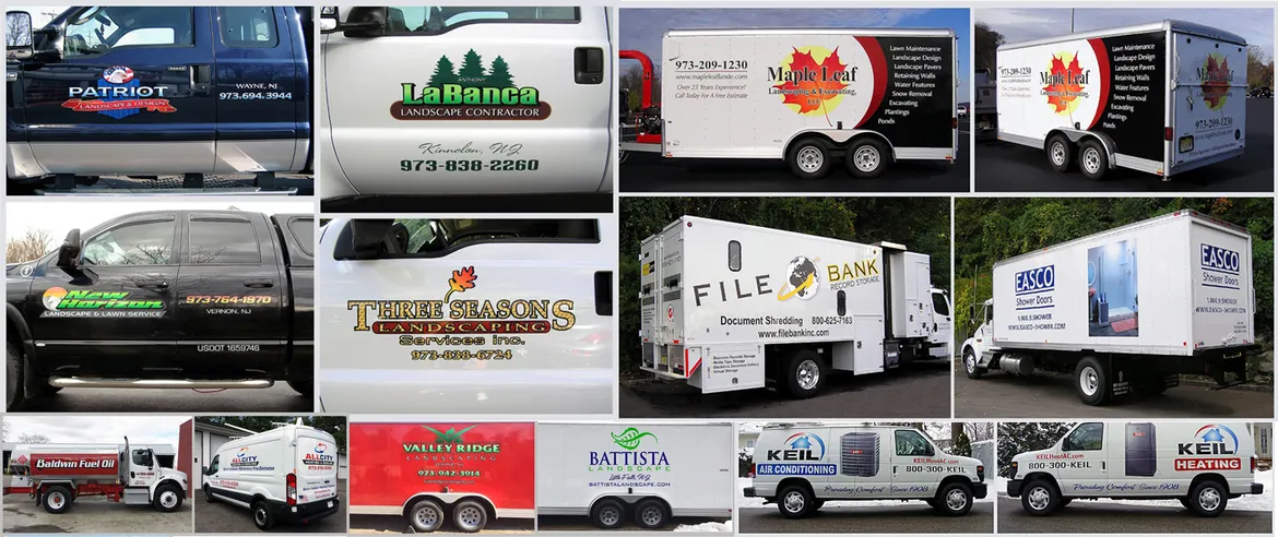 Various commercial vehicles featuring business logos