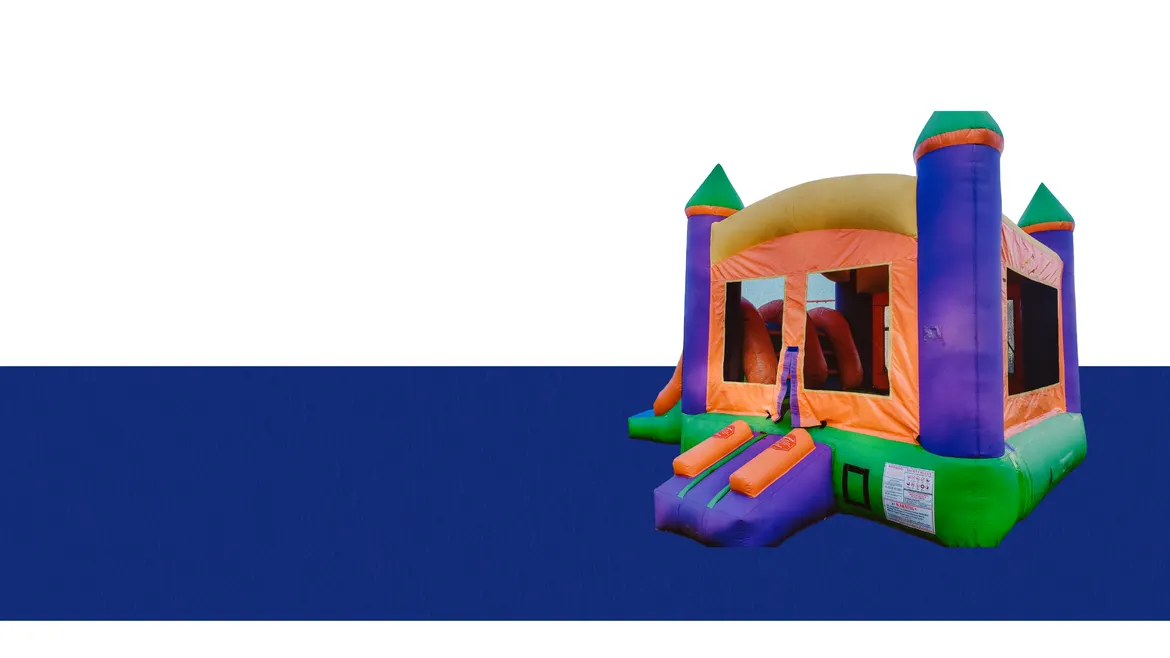 Blue and white bounce house for rentals  -caption reads inflate the fun with fort worth's favorite bounce house rentals