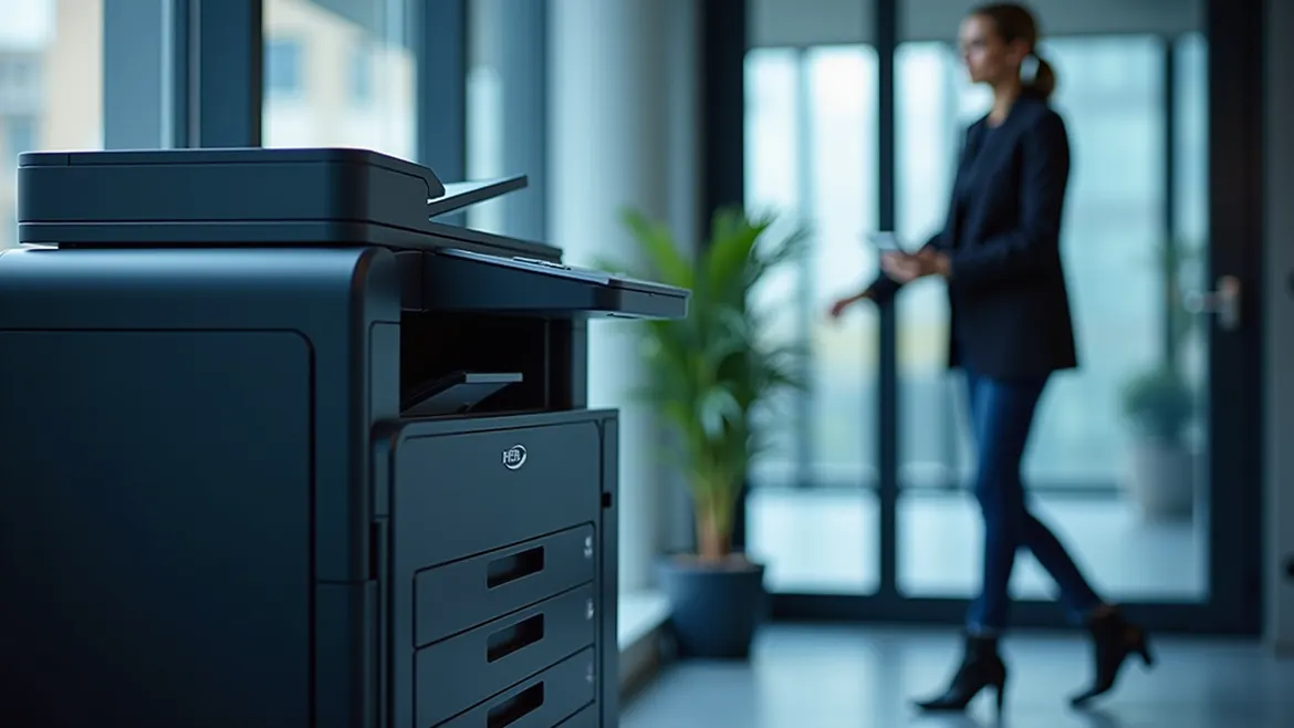 Modern office scene featuring a sleek multifunction printer