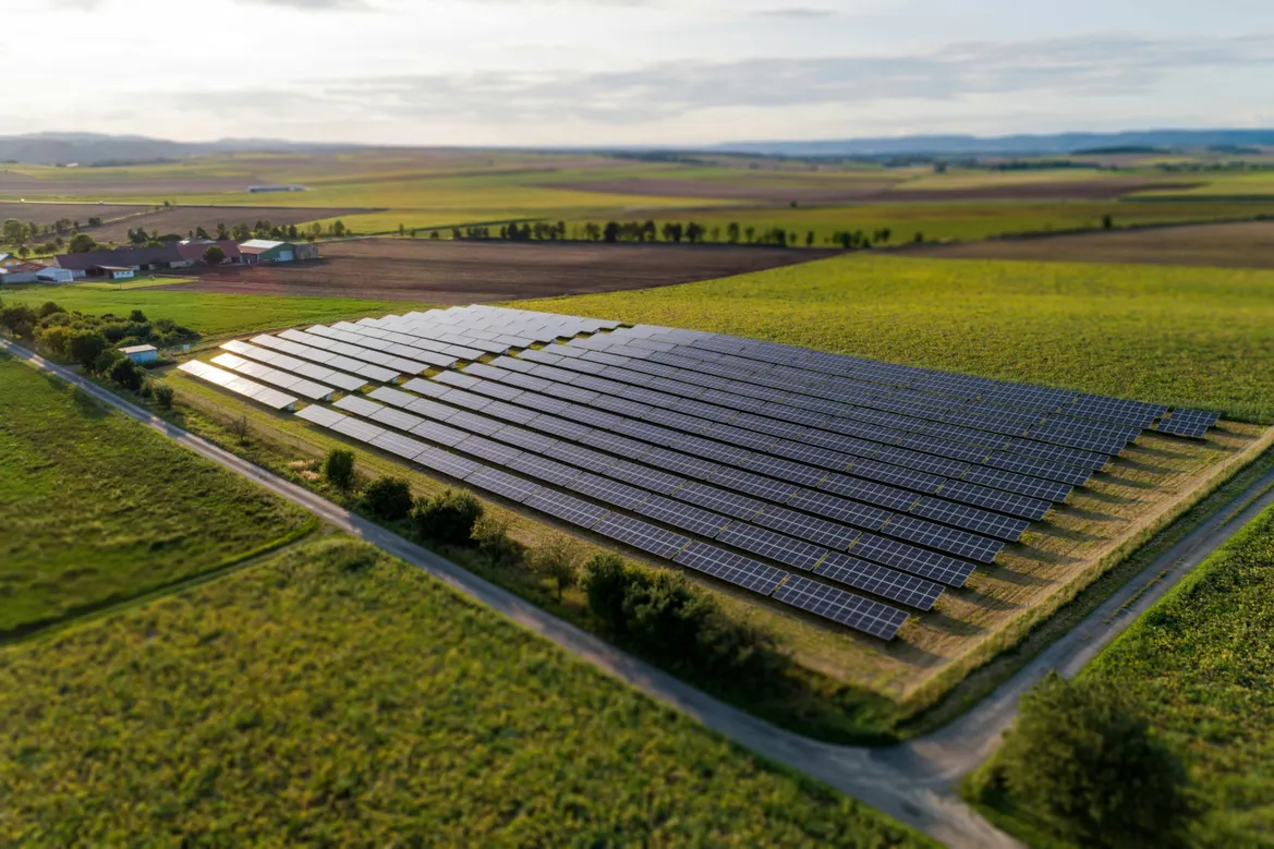 Rows of solar panels across green farmland