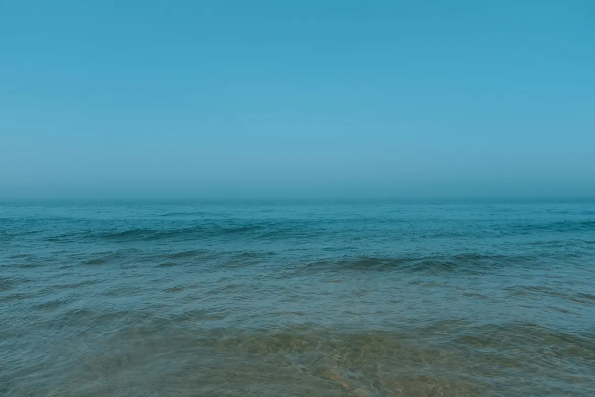 Calm sea under a clear blue sky, horizon barely visible. The water is gently rippling, conveying a serene and tranquil atmosphere.