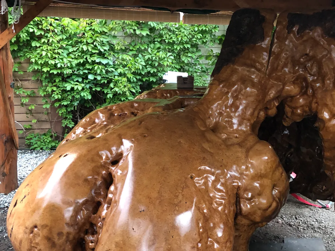 A large wooden sculpture displays a glossy, textured surface