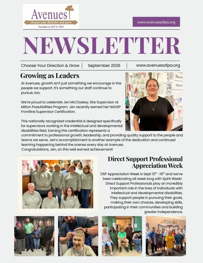 A Monthly recap of what is happening at Avenues. Avenues Newsletter Schuylkill County, NEPA, Pottsville, Programs for Adults with Disabilities 

