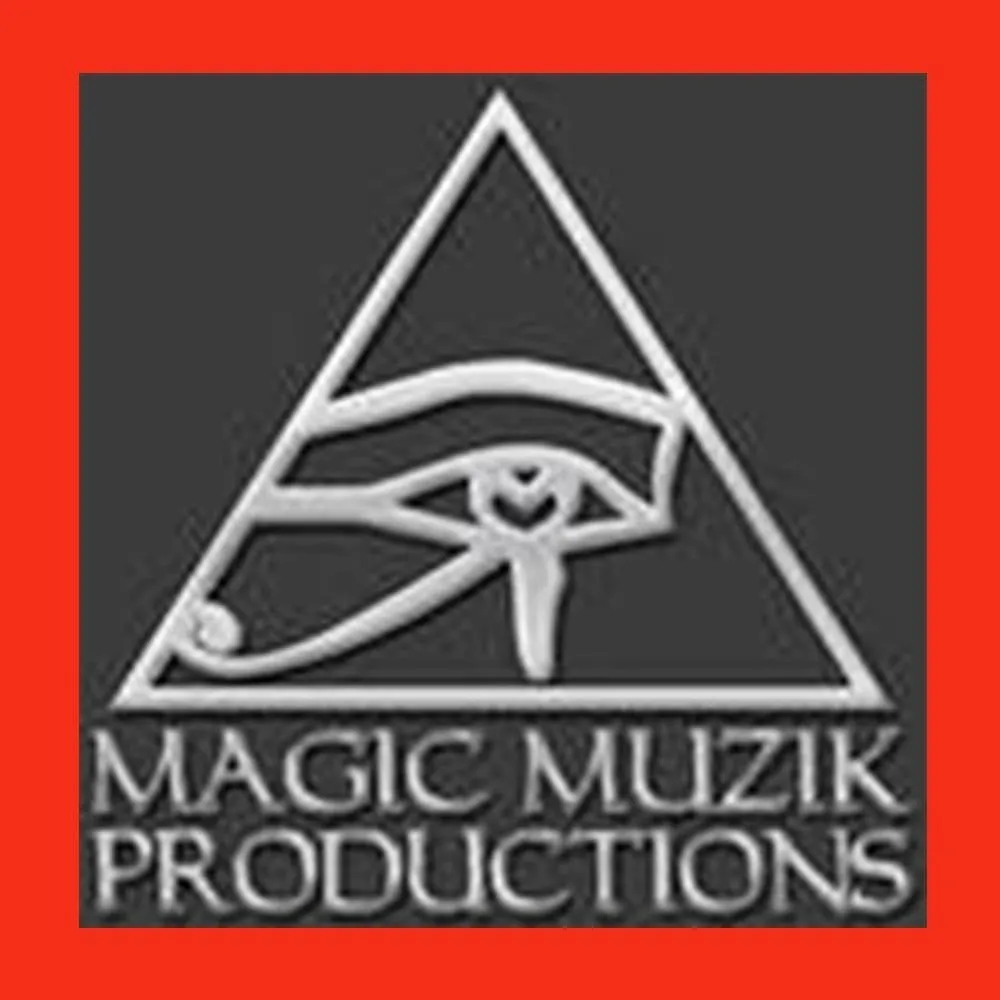 Magic Muzik Productions logo is an illustration of an Egyptian eye symbol done in white lines on a black background inside a pyramid inside an orange border
