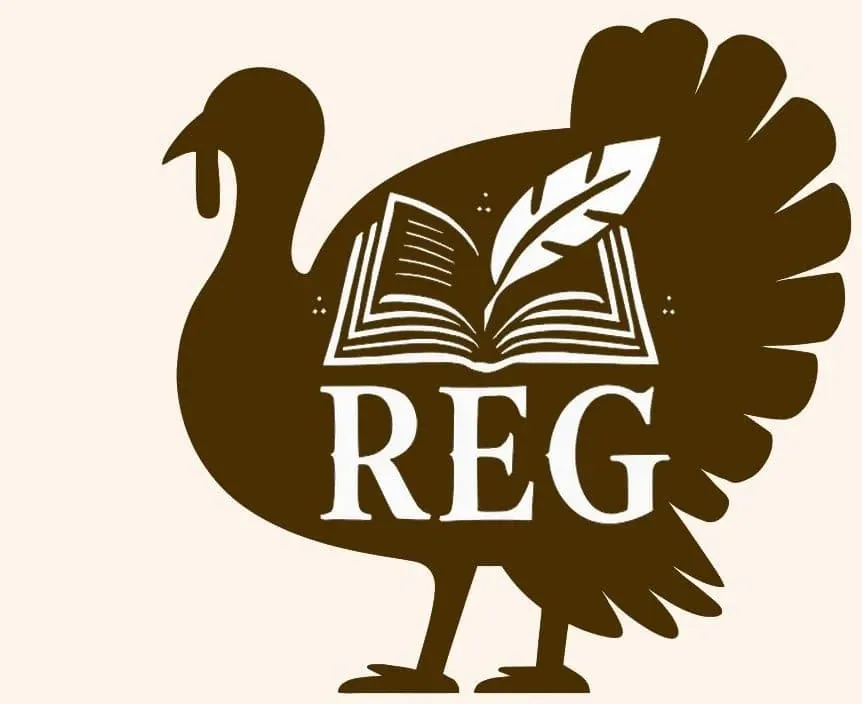 Logo with initials of Richelle E. Goodrich carved into a pumpkin. Special logo for the month of October.