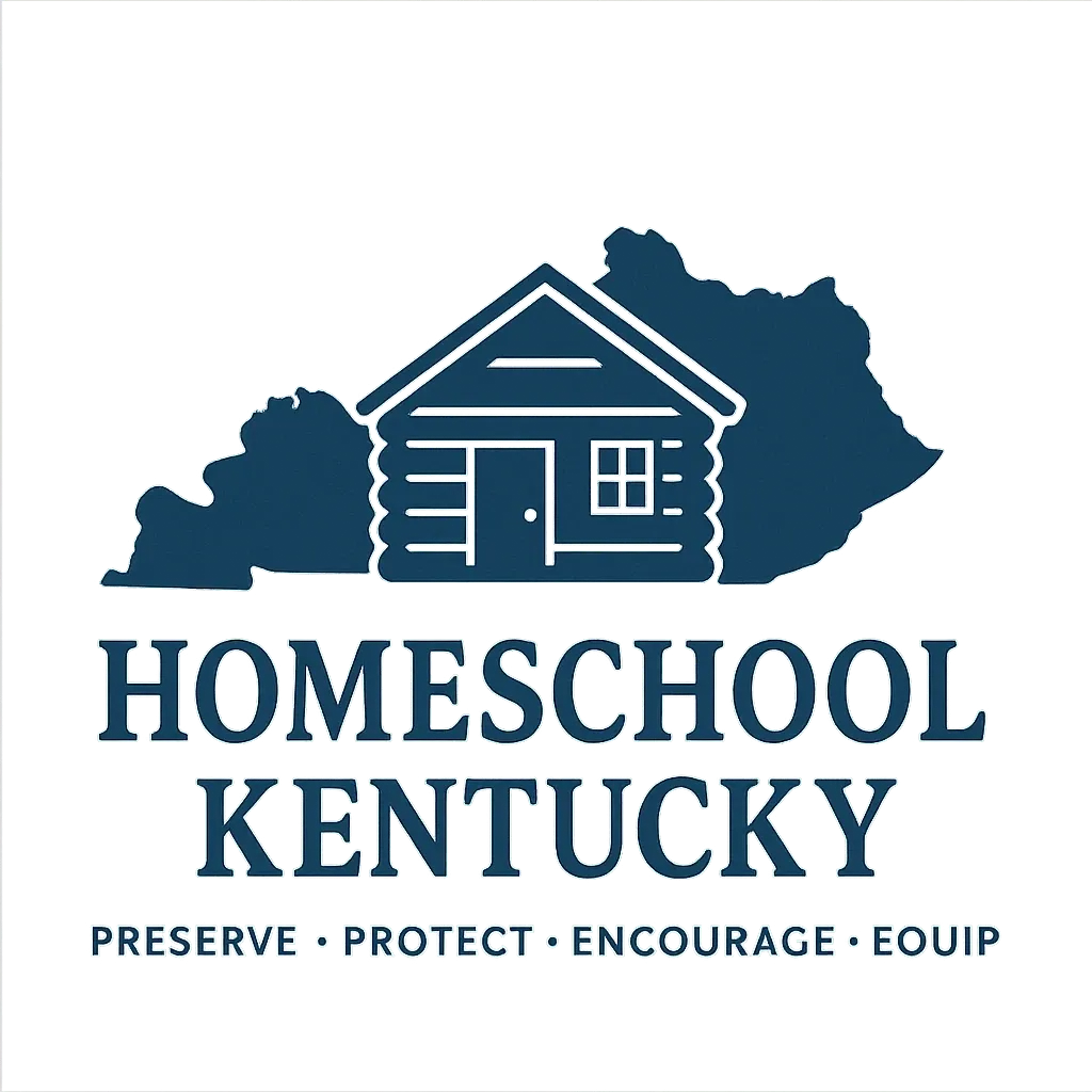 Homeschool Kentucky Logo, a single room school house super imposed over the Kentucky State map.
