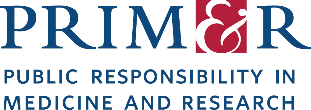 Red and blue Public Responsibility in Medicine and Research logo.