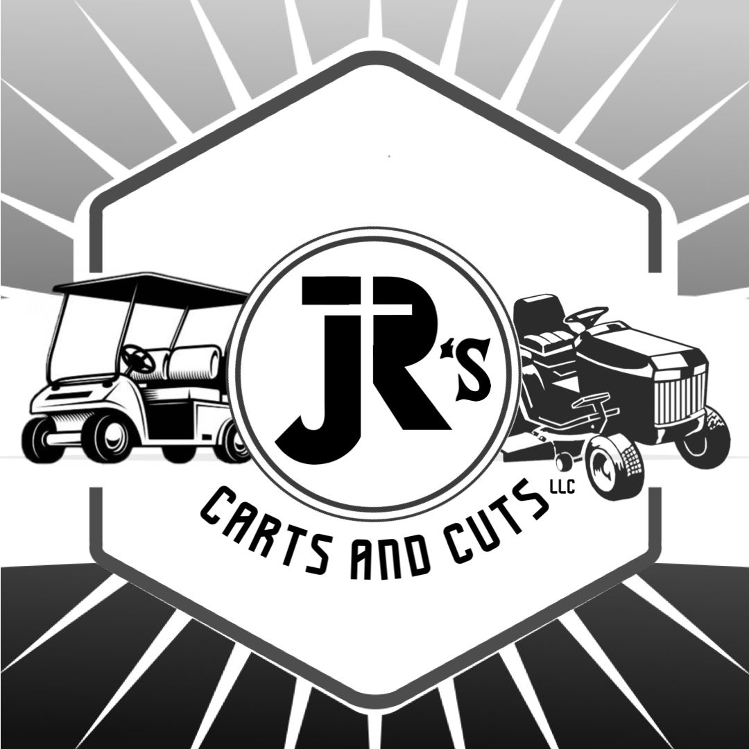greyscale logo, starburst in background, centered monogram JRS flanked by drawing of golf cart on left, riding lawn mower on right, carts and cuts below