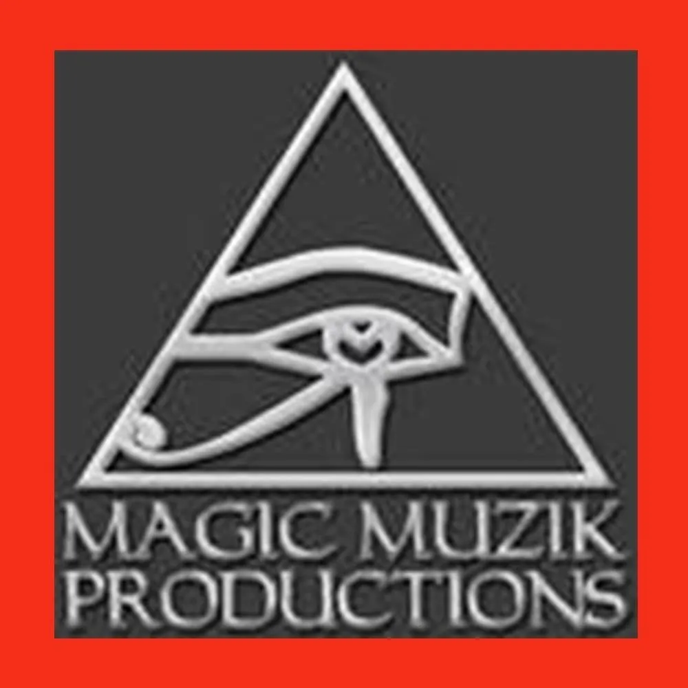 Egyptian symbol of eye inside pyramid Magic Muzik Productions logo is an illustration of an Egyptian eye symbol done in white lines on a black background inside a pyramid inside an orange border