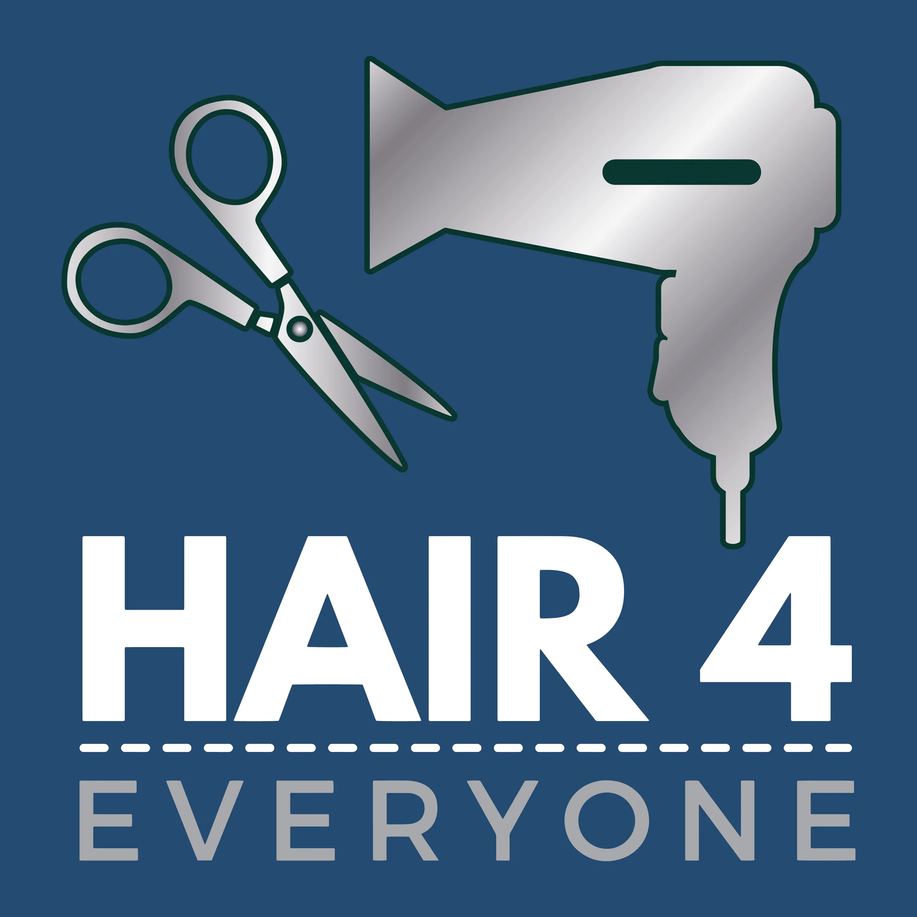 Company Logo Royal Blue, Grey Blow dryer, scissors. White letters
Hair 4 Everyone
Hair Studio Winter Park, Fl. 32792