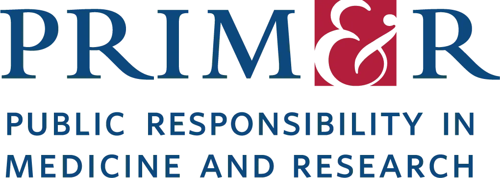 Red and blue Public Responsibility in Medicine and Research logo.