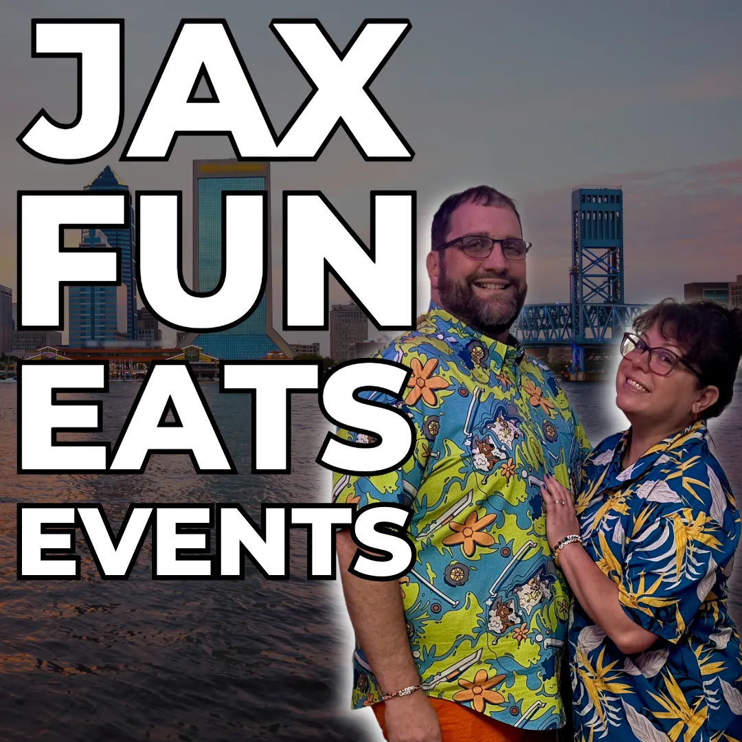 a smiling Jacksonville couple and text that reads "Jax Fun Eats Events"